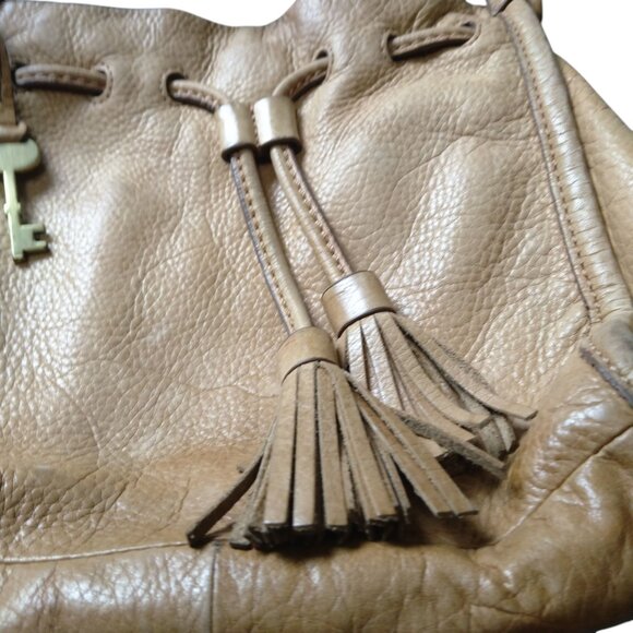 FOSSIL Claire Tech Tan Distressed Leather Drawstring With Tassels Crossbody Bag - Picture 9 of 10